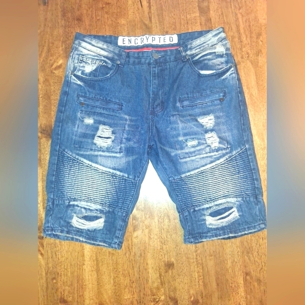 Encrypted men's blue washed denim jean shorts Distressed 38